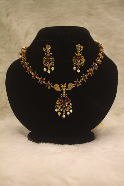 "Gold-Plated Ruby & Pearl Necklace Set for Weddings" Product code-6011