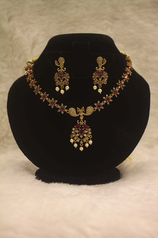 "Gold-Plated Ruby & Pearl Necklace Set for Weddings" Product code-6011
