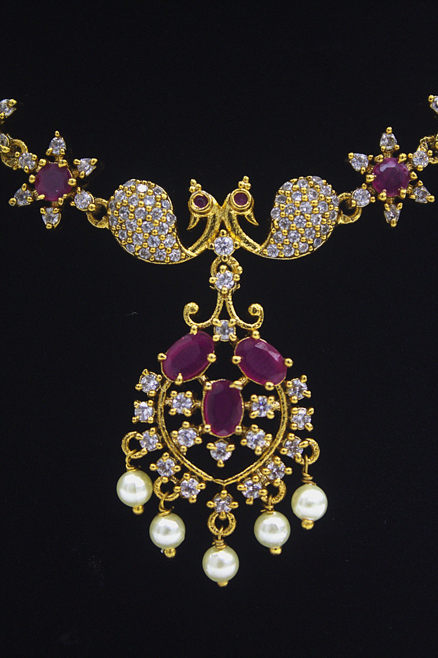 "Gold-Plated Ruby & Pearl Necklace Set for Weddings" Product code-6011