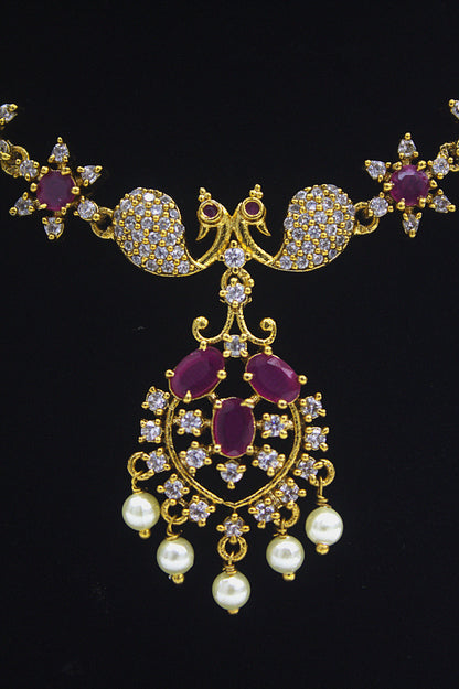 "Gold-Plated Ruby & Pearl Necklace Set for Weddings" Product code-6011