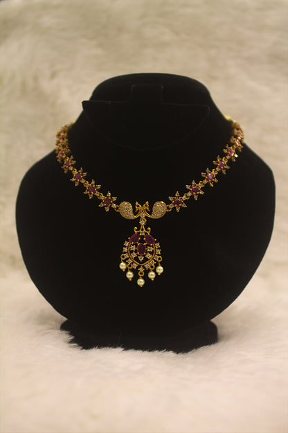 "Gold-Plated Ruby & Pearl Necklace Set for Weddings" Product code-6011