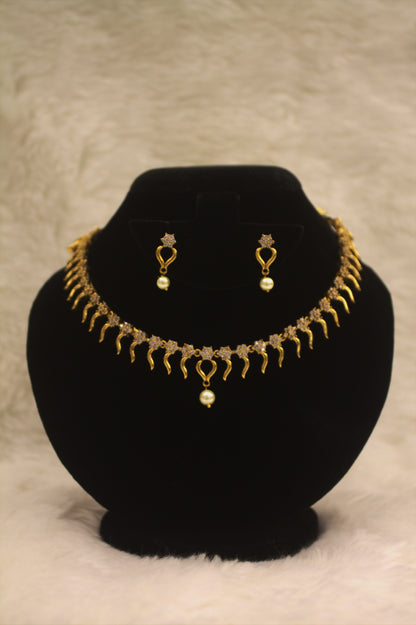 "Elegant Gold-Plated Necklace & Earring Set with Pearl Drop and Zircon Detailing" Product code-6008
