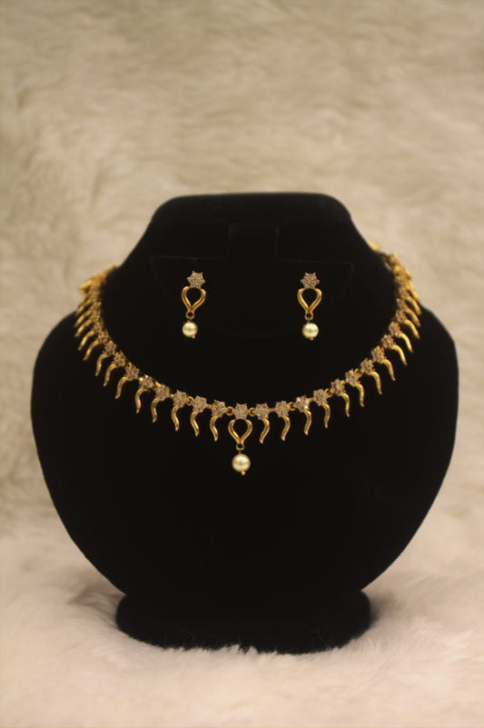 "Elegant Gold-Plated Necklace & Earring Set with Pearl Drop and Zircon Detailing" Product code-6008