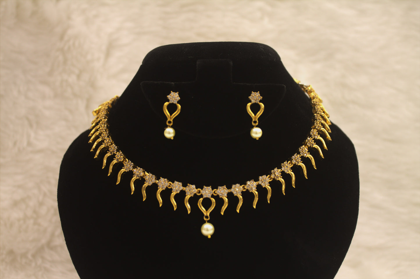 "Elegant Gold-Plated Necklace & Earring Set with Pearl Drop and Zircon Detailing" Product code-6008