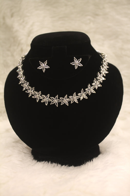“Floral Sparkle Silver-Plated Necklace & Earring Set with Cubic Zirconia” Product code-6220