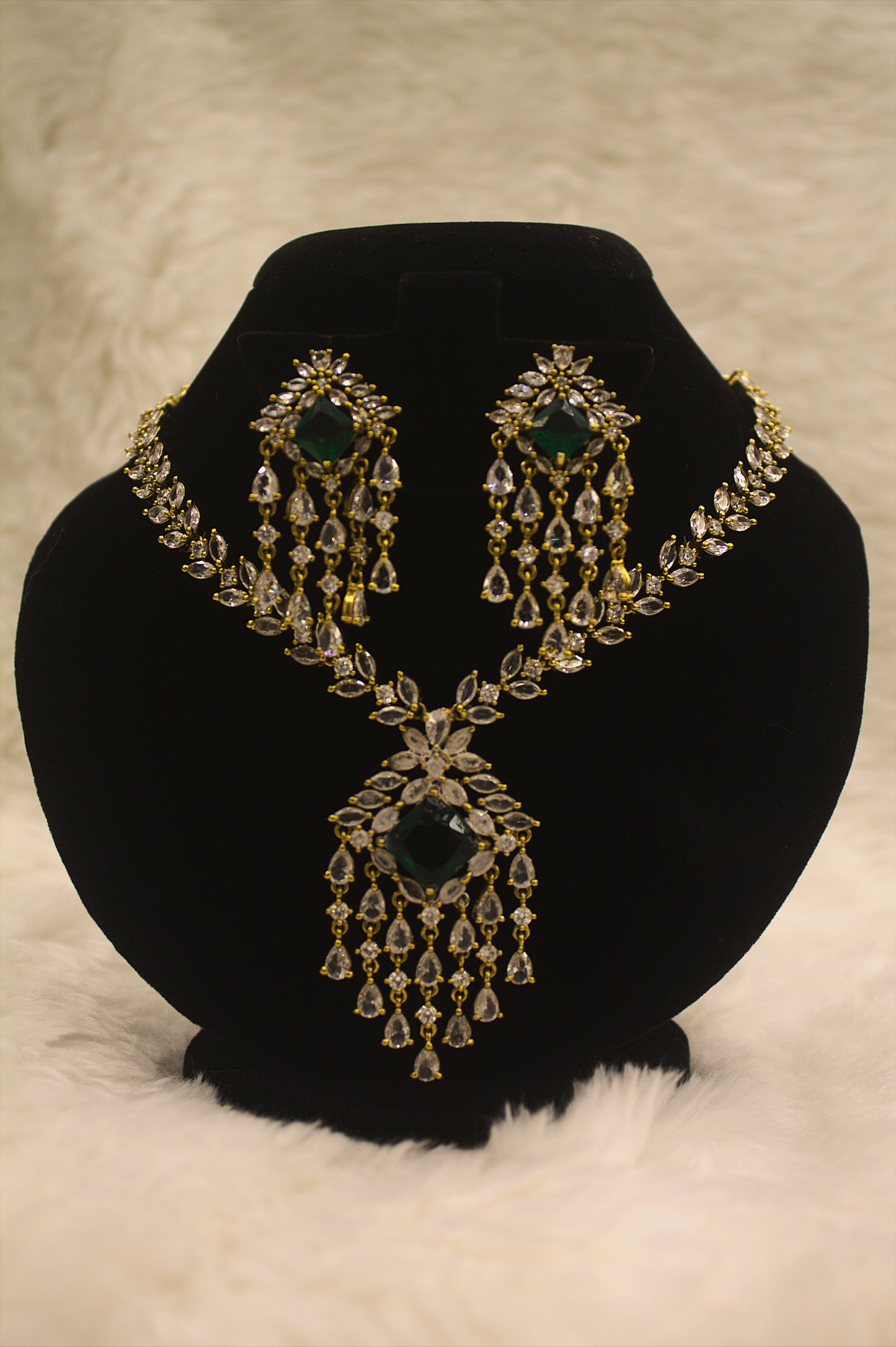 "Emerald Green & CZ Chandelier Necklace Set – Grand Bridal Jewelry with Earrings" Product code-6031