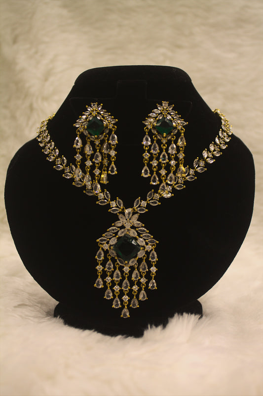 "Emerald Green & CZ Chandelier Necklace Set – Grand Bridal Jewelry with Earrings" Product code-6031