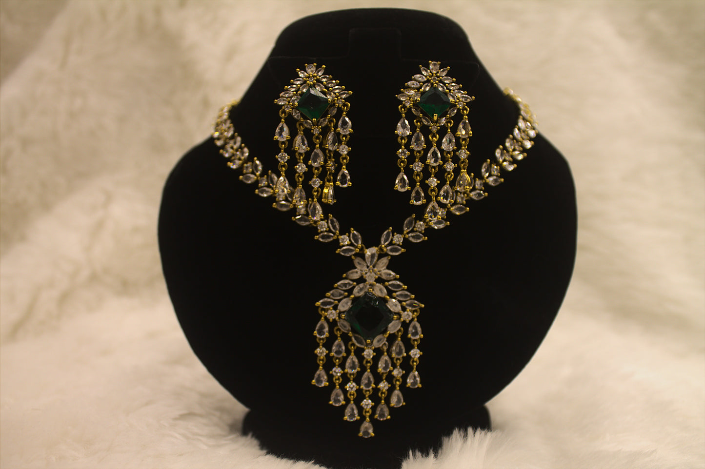 "Emerald Green & CZ Chandelier Necklace Set – Grand Bridal Jewelry with Earrings" Product code-6031