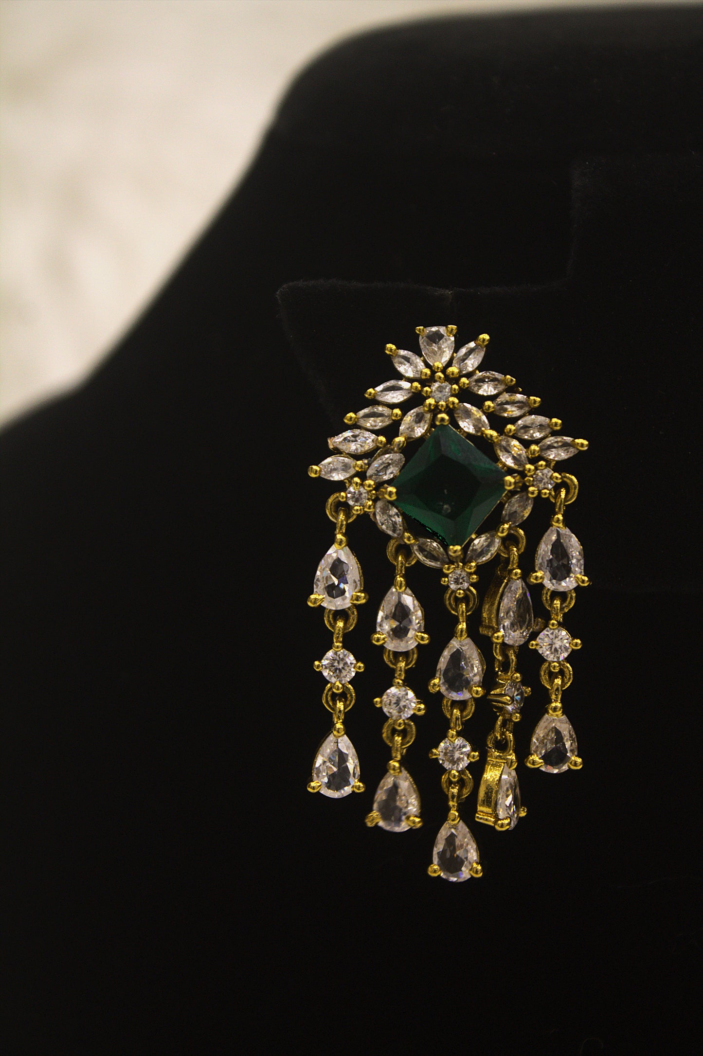 "Emerald Green & CZ Chandelier Necklace Set – Grand Bridal Jewelry with Earrings" Product code-6031