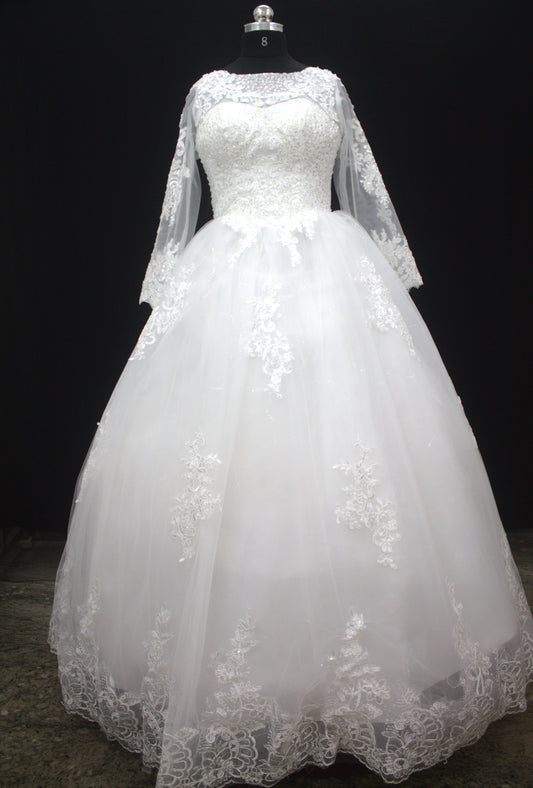 "Regal Grace Lace-Embroidered Ball Gown with Illusion Sleeves White Gown" Product code-2075