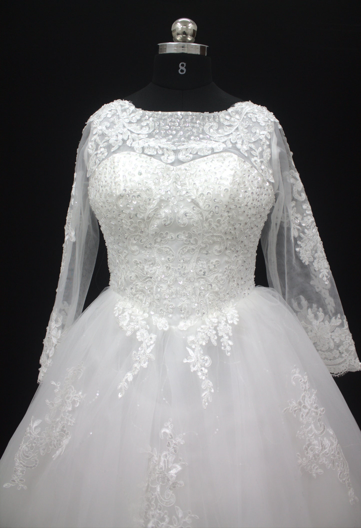 "Regal Grace Lace-Embroidered Ball Gown with Illusion Sleeves White Gown" Product code-2075