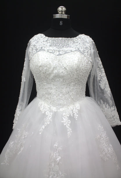 "Regal Grace Lace-Embroidered Ball Gown with Illusion Sleeves White Gown" Product code-2075