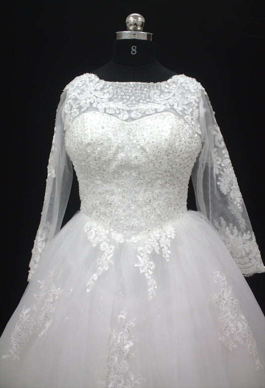 "Regal Grace Lace-Embroidered Ball Gown with Illusion Sleeves White Gown" Product code-2075
