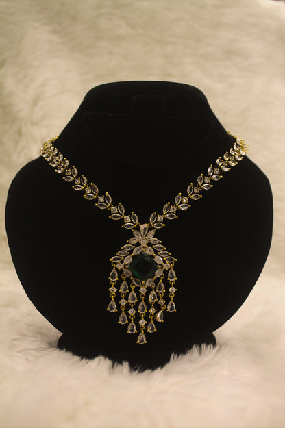 "Emerald Green & CZ Chandelier Necklace Set – Grand Bridal Jewelry with Earrings" Product code-6031