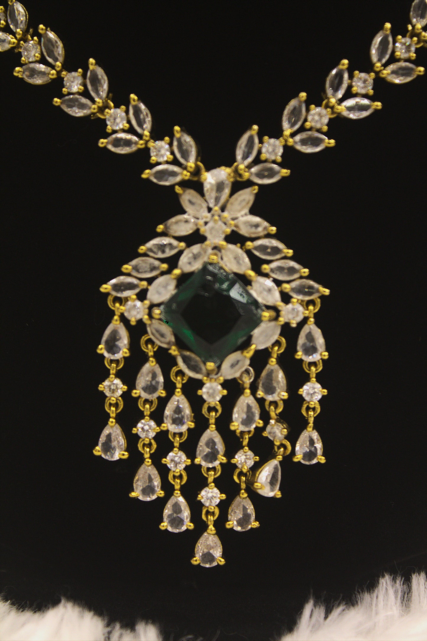 "Emerald Green & CZ Chandelier Necklace Set – Grand Bridal Jewelry with Earrings" Product code-6031