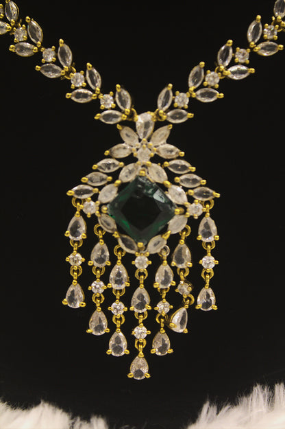 "Emerald Green & CZ Chandelier Necklace Set – Grand Bridal Jewelry with Earrings" Product code-6031