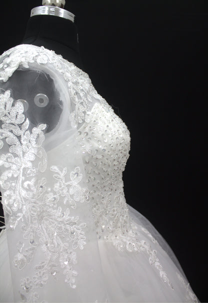 "Regal Grace Lace-Embroidered Ball Gown with Illusion Sleeves White Gown" Product code-2075