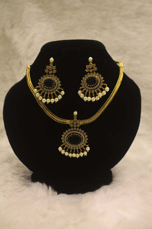 "Navy Blue Stone & Pearl Gold-Plated Necklace Set – Traditional Bridal Jewelry with Earrings" Product code-6004