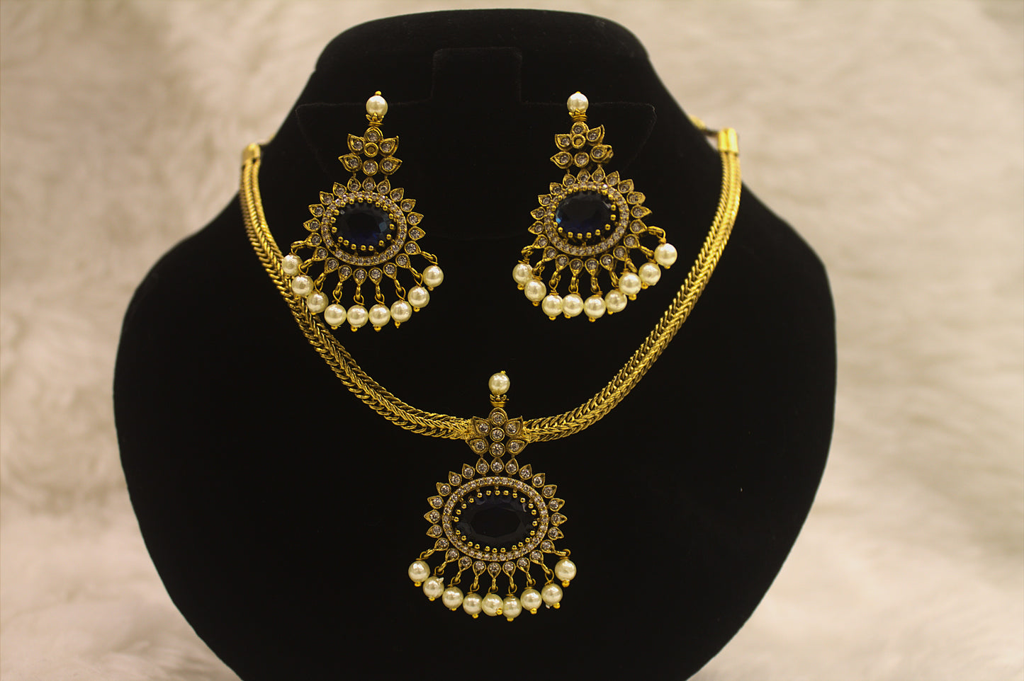 "Navy Blue Stone & Pearl Gold-Plated Necklace Set – Traditional Bridal Jewelry with Earrings" Product code-6004