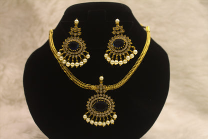 "Navy Blue Stone & Pearl Gold-Plated Necklace Set – Traditional Bridal Jewelry with Earrings" Product code-6004