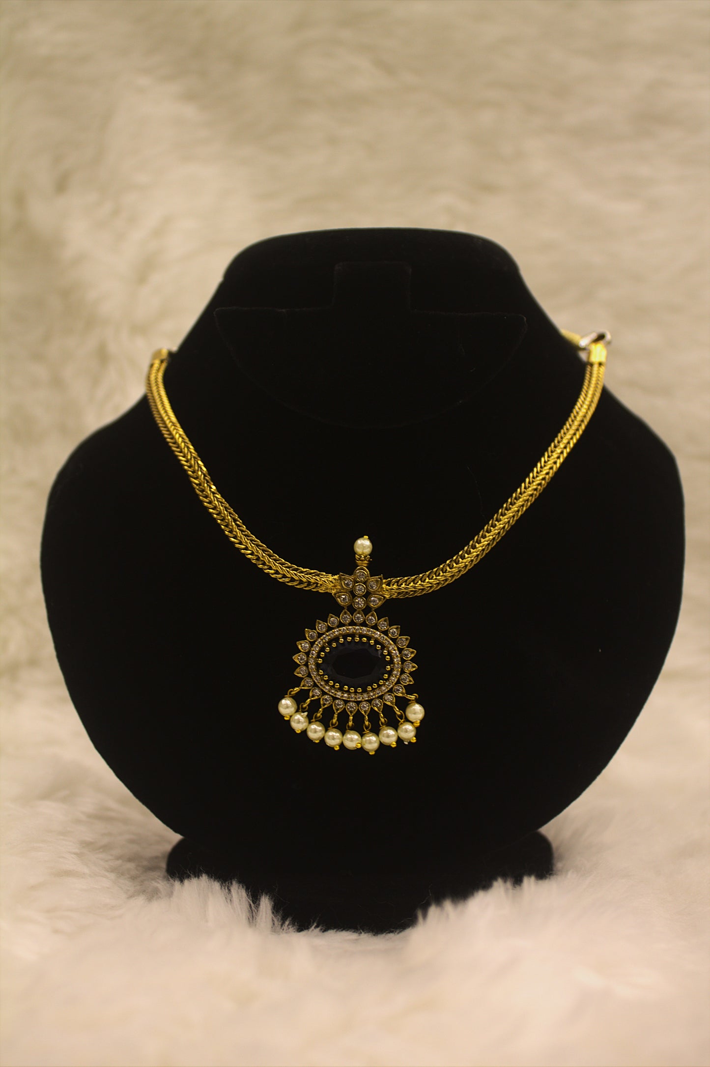 "Navy Blue Stone & Pearl Gold-Plated Necklace Set – Traditional Bridal Jewelry with Earrings" Product code-6004
