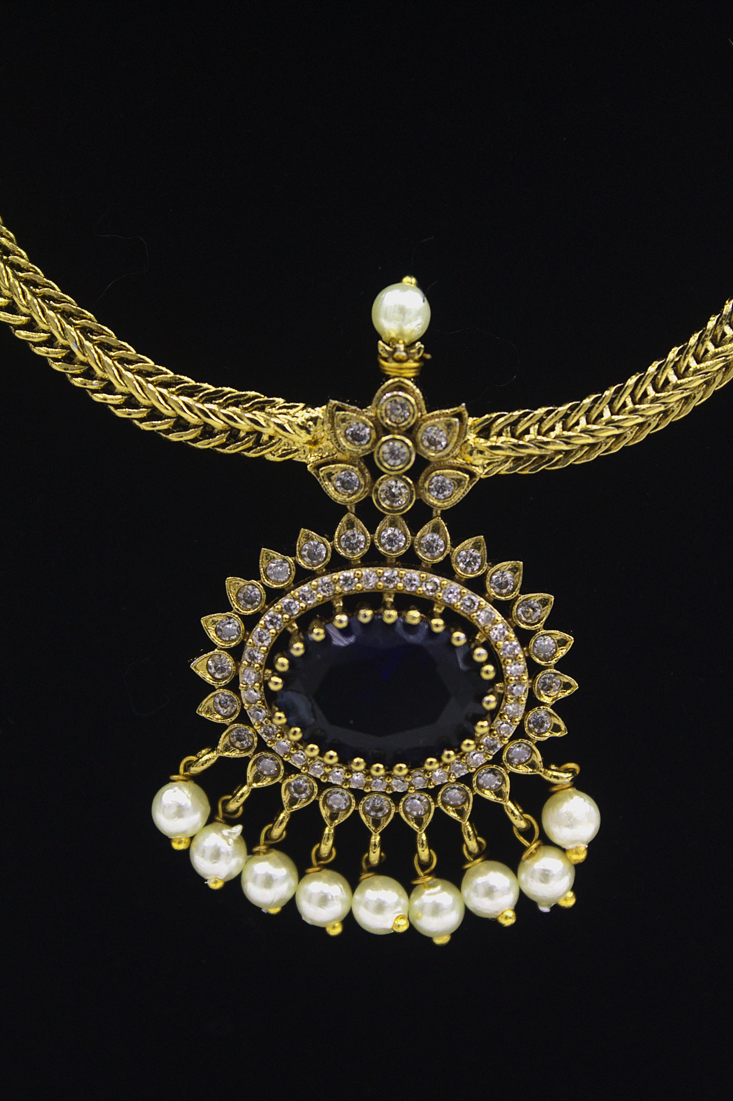 "Navy Blue Stone & Pearl Gold-Plated Necklace Set – Traditional Bridal Jewelry with Earrings" Product code-6004