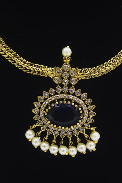 "Navy Blue Stone & Pearl Gold-Plated Necklace Set – Traditional Bridal Jewelry with Earrings" Product code-6004