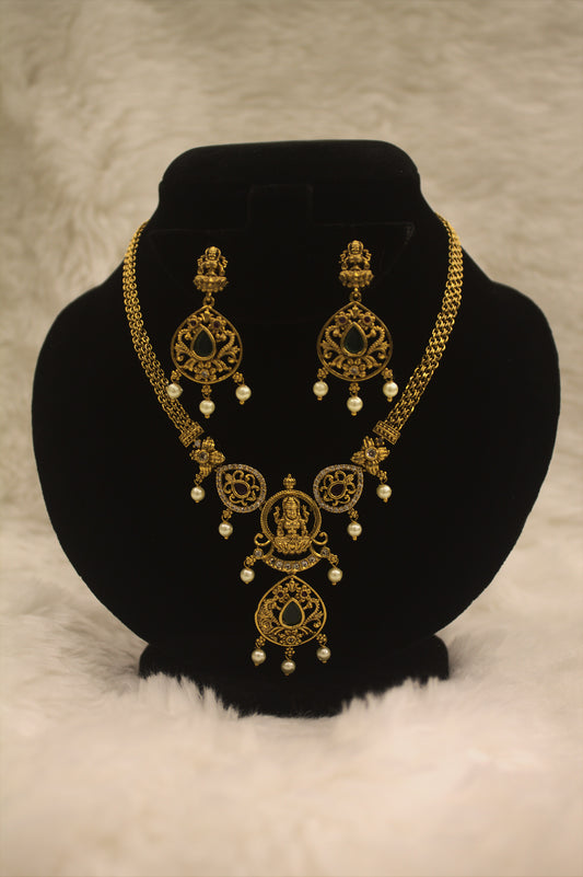 "Antique Gold-Plated Temple Necklace Set with Goddess Lakshmi Motif & Pearls – Traditional Bridal Jewelry" Product code-6003
