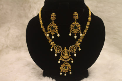 "Antique Gold-Plated Temple Necklace Set with Goddess Lakshmi Motif & Pearls – Traditional Bridal Jewelry" Product code-6003