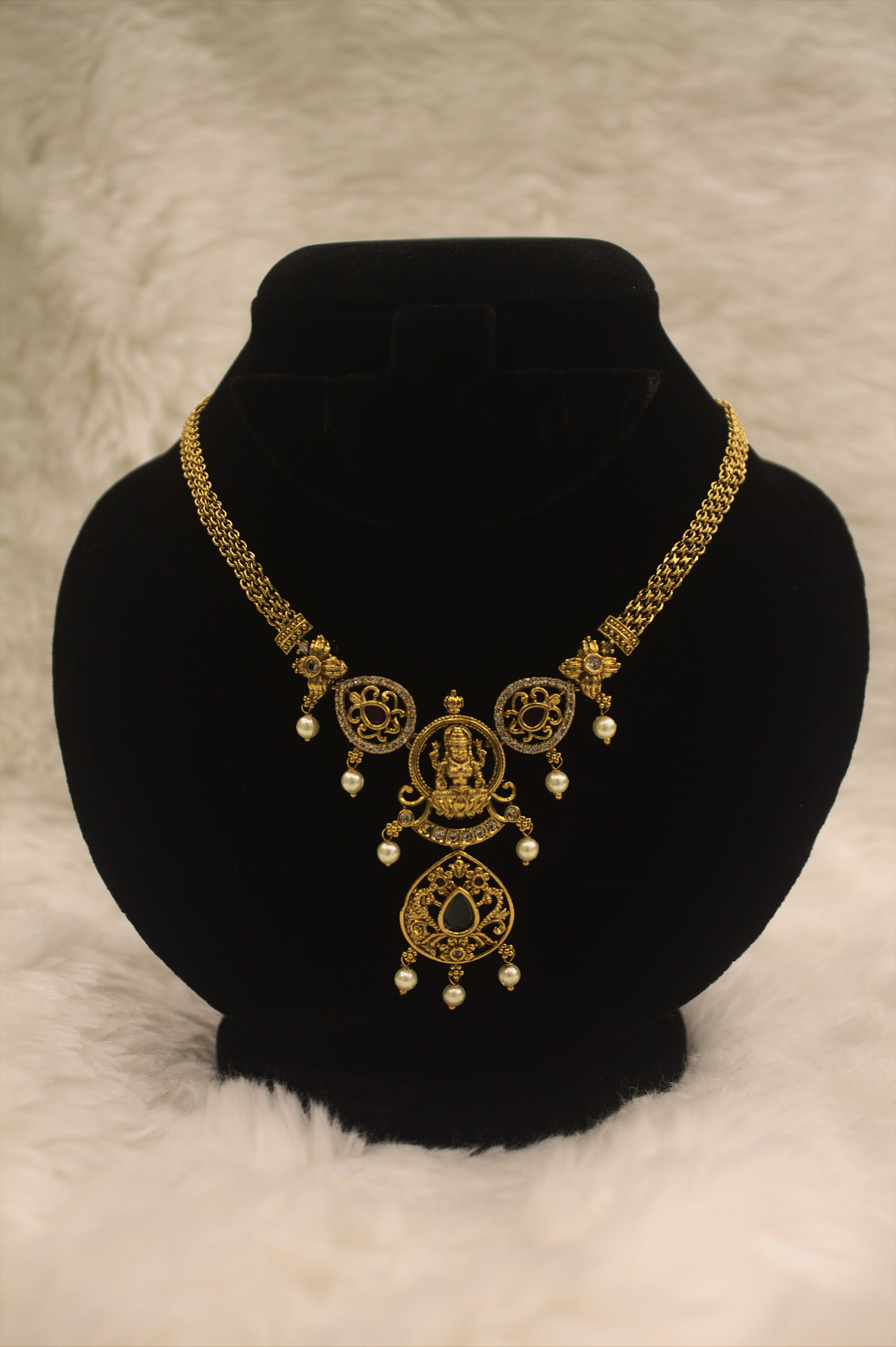 "Antique Gold-Plated Temple Necklace Set with Goddess Lakshmi Motif & Pearls – Traditional Bridal Jewelry" Product code-6003