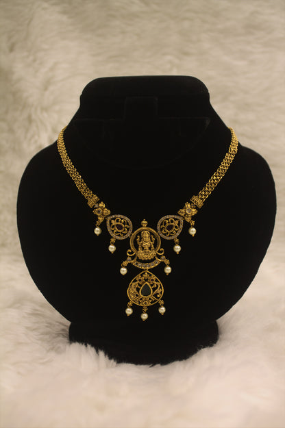 "Antique Gold-Plated Temple Necklace Set with Goddess Lakshmi Motif & Pearls – Traditional Bridal Jewelry" Product code-6003