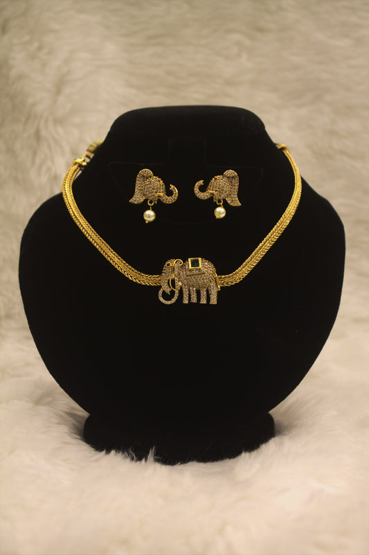 "Gold-Plated Elephant Motif Necklace & Earring Set with CZ and Pearl Drops" Product code-6005