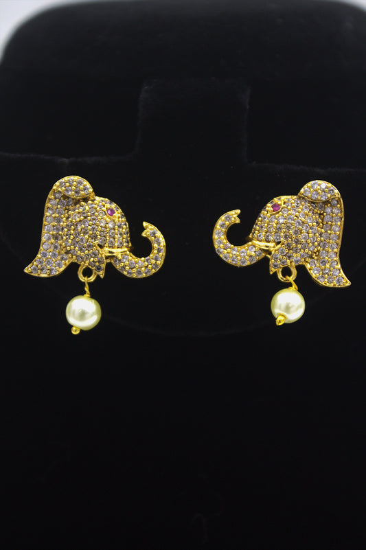 "Gold-Plated Elephant Motif Necklace & Earring Set with CZ and Pearl Drops" Product code-6005