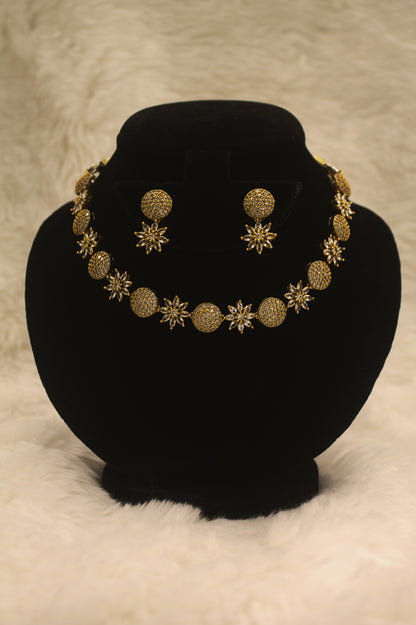 "Gold-Plated CZ Sunburst & Round Motif Necklace with Earrings Set" Product code-6023