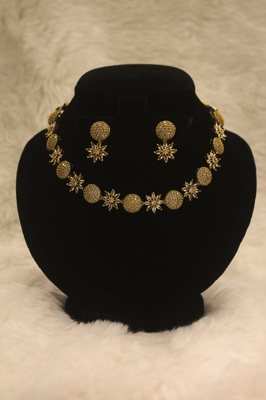 "Gold-Plated CZ Sunburst & Round Motif Necklace with Earrings Set" Product code-6023