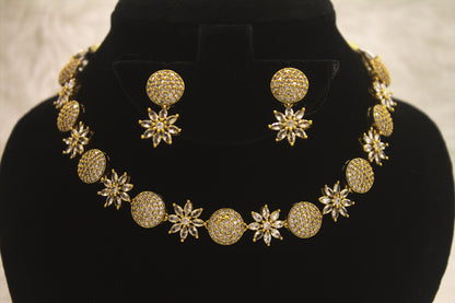 "Gold-Plated CZ Sunburst & Round Motif Necklace with Earrings Set" Product code-6023