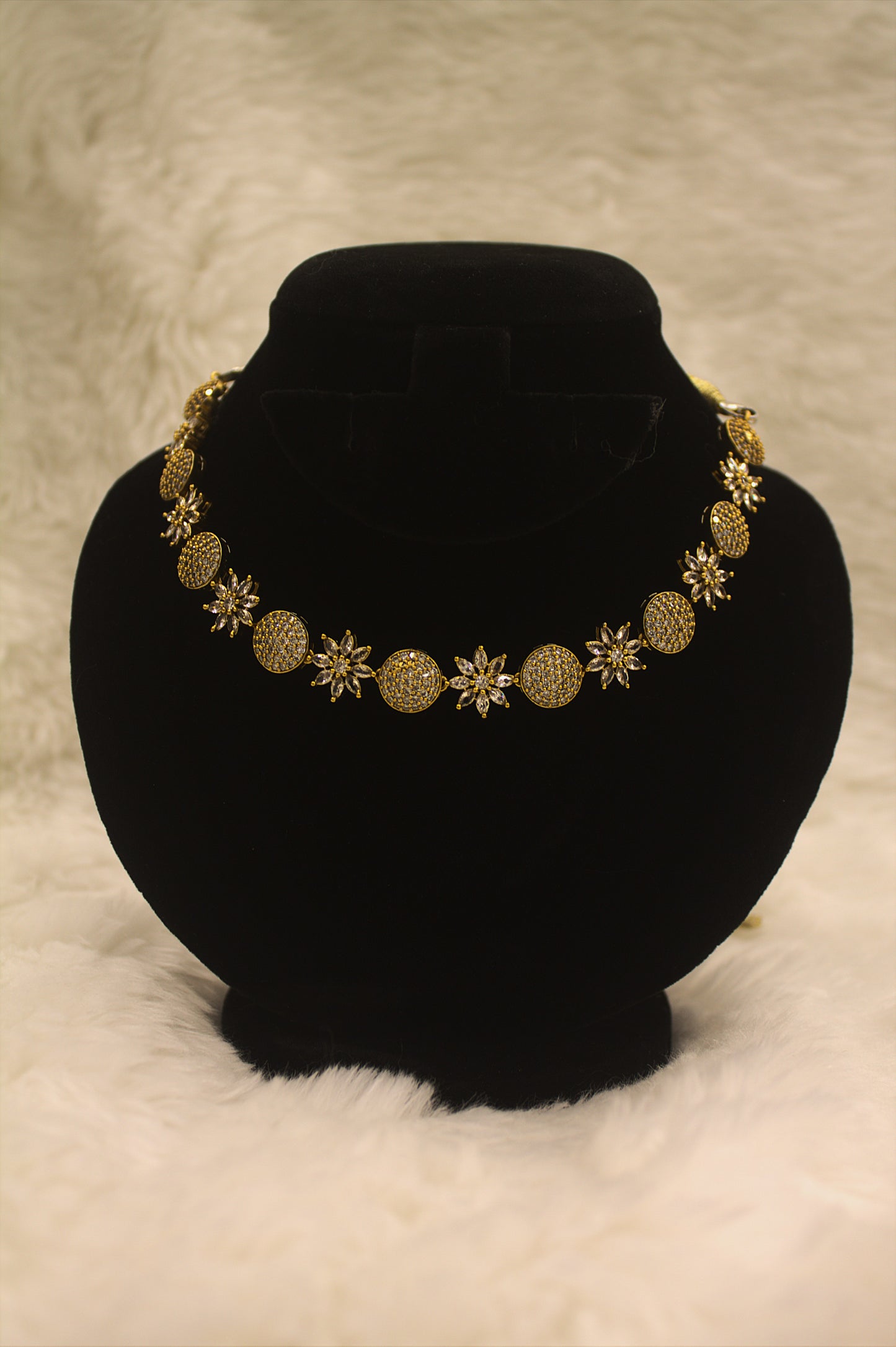 "Gold-Plated CZ Sunburst & Round Motif Necklace with Earrings Set" Product code-6023