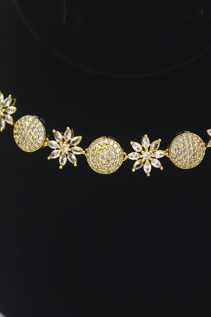 "Gold-Plated CZ Sunburst & Round Motif Necklace with Earrings Set" Product code-6023
