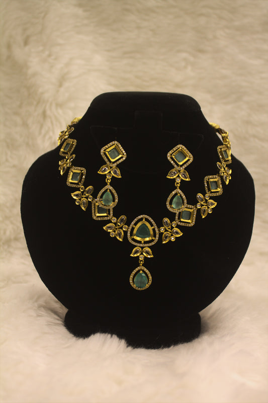 "Elegant Green Stone Kundan Necklace Set with Earrings | Bridal & Party Wear Jewelry" Product code-6020